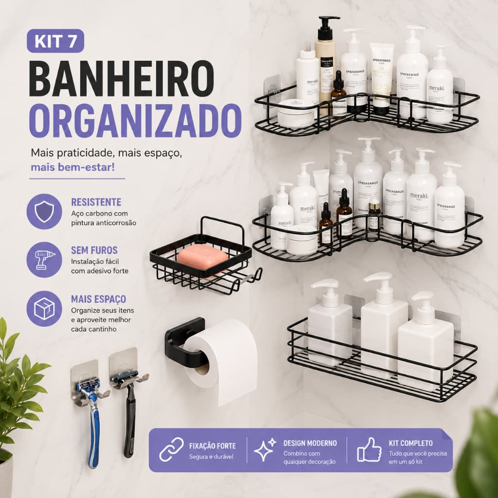 Kit 7 Suporte Para Banheiro Completo Suportes Para Sabonete Gilette Shampoo Condicionador