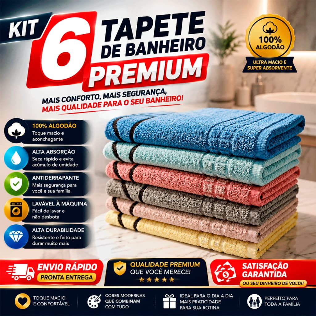Kit 6 Tapete De Banheiro 45x70cm Pezinho Piso Luxo Atoalhado 100% Algodão Premium