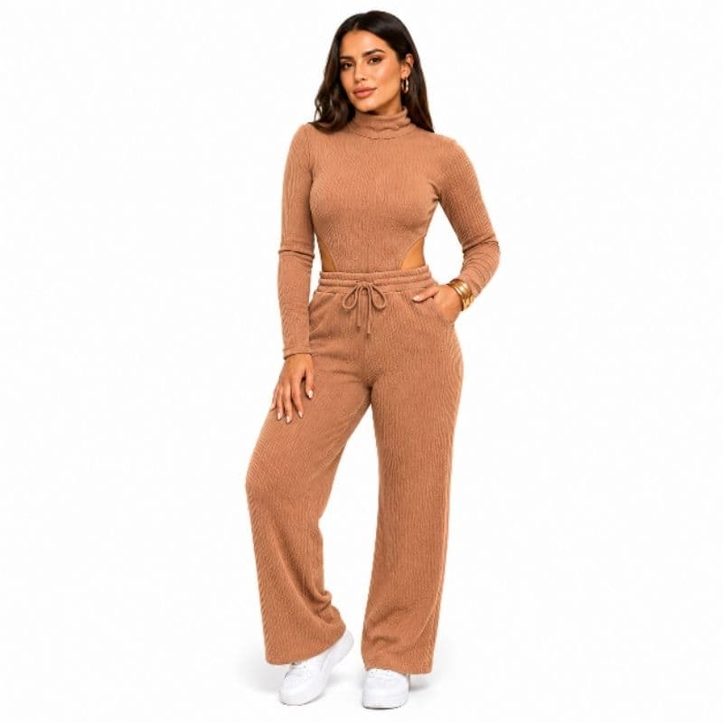 Conjunto Feminino Body Canelado premiun  Gola Alta Calça Pantalona