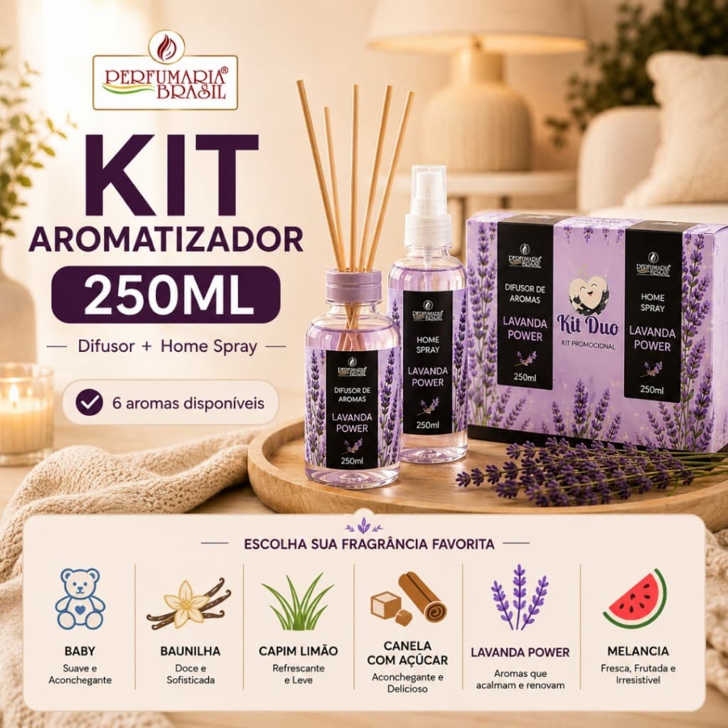 Kit Aromatizador Difusor de Aromas + Home Spray 250ml Cheirinho de Casa