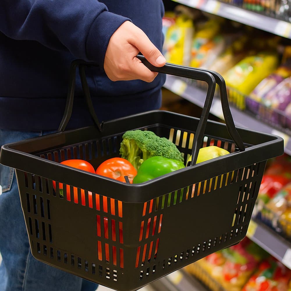 Cesta Mercado Com Alça Plástica Vazada Retangular Cestinha Caixa Preta Organizadora Supermercado