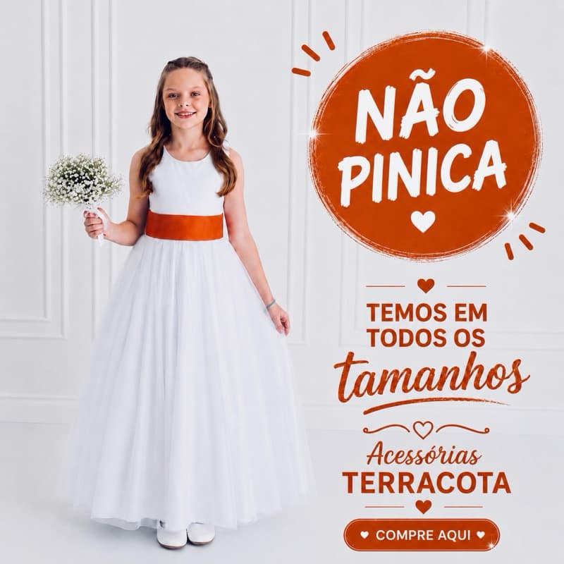 Vestido Infantil Longo Branco Dama de Honra Faixa e Laço Terracota com Saia Tule REF4072