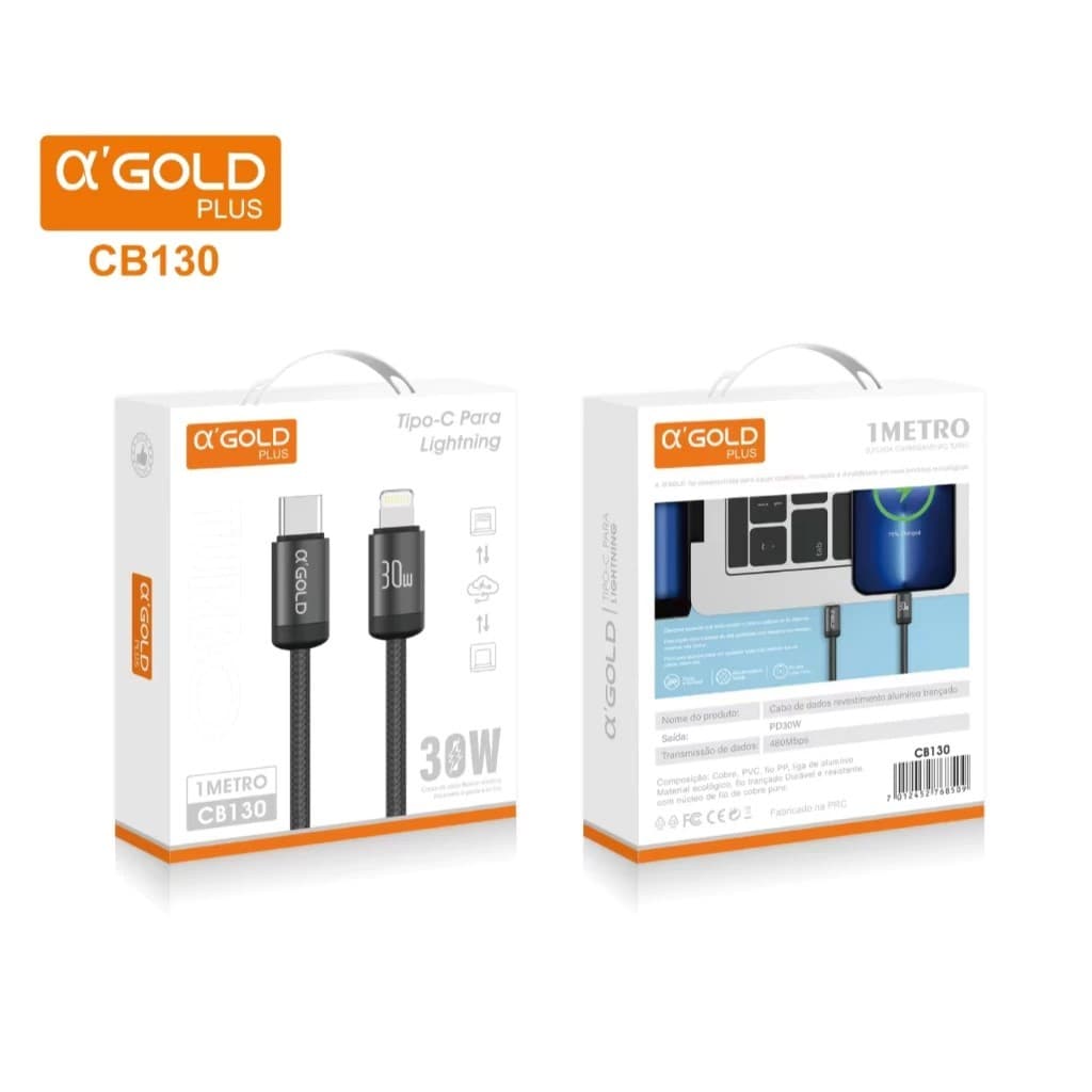 Cabo Turbo 30w Tipo C  para Lightning Ultra resistente Alpha Gold Plus CB130 para Iphone 11,12,13,14