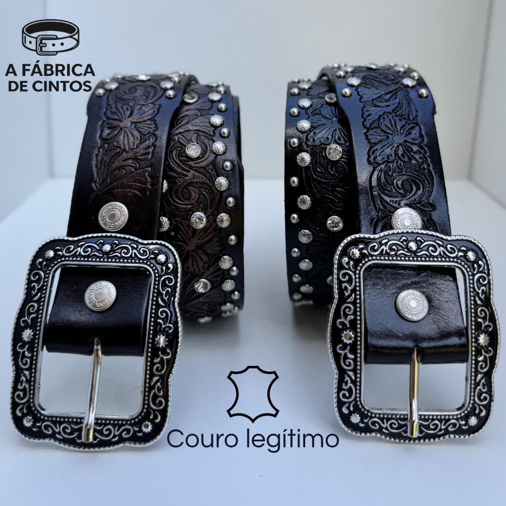 Cinto country feminino COURO LEGÍTIMO fivela removível cravejado strass e tachas