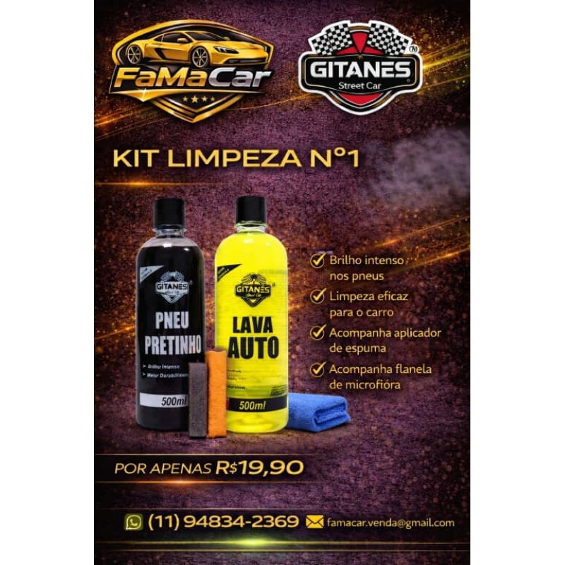 Kit Limpeza Automotiva - Lava Auto Concentrado, Pneu Pretinho, esponja de aplicação GRÁTIS!