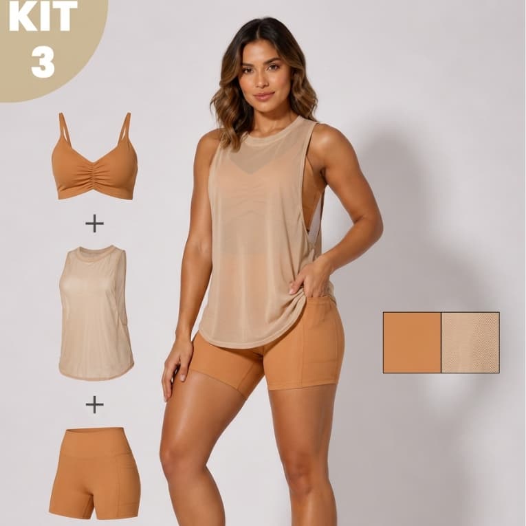 Kit 3 Pe莽as Top+Short+Regata Tule Dry Fit Feminino Alta Compress茫o Cos Alto Academia