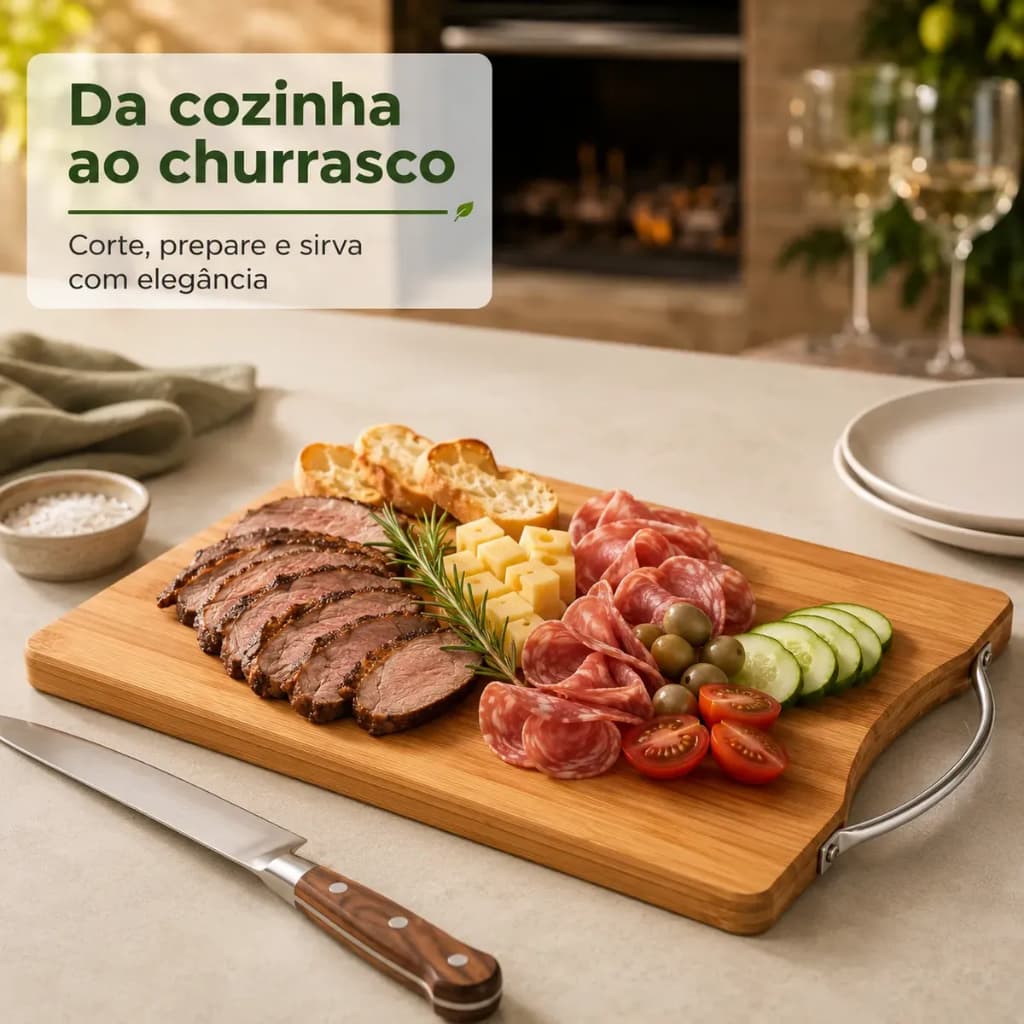 Tábua Carne de Carne Churrasco Bambu de Corte Cozinha Retangular Alça Metal Ideal Marrom-claro