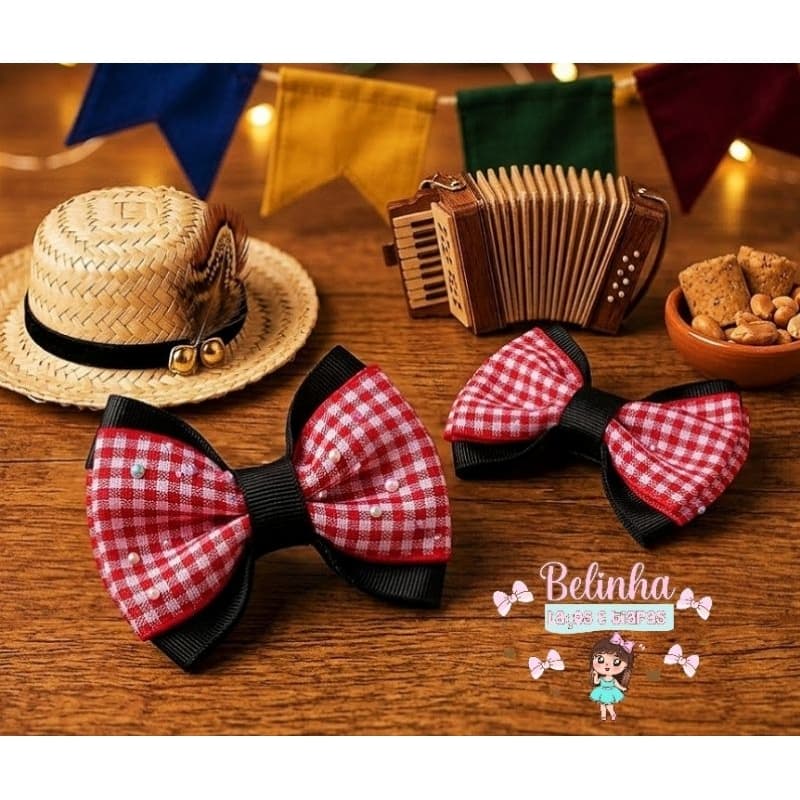 Parzinho de Laço Festa Junina de Luxo | Laço Infantil Xadrez Vermelho para Bebê e Menina | Acessório Festa e Fotos