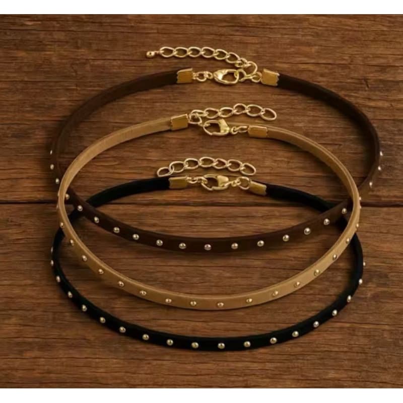 Choker Gargantilha Colar Cordão Courinho Camurça Preto,Nude,Marrom com Tachinhas Vintage Western Country