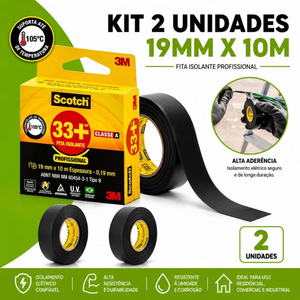 Fita Isolante Profissional 3m 33+ 19mmx10m Scotch Preto 2Uni