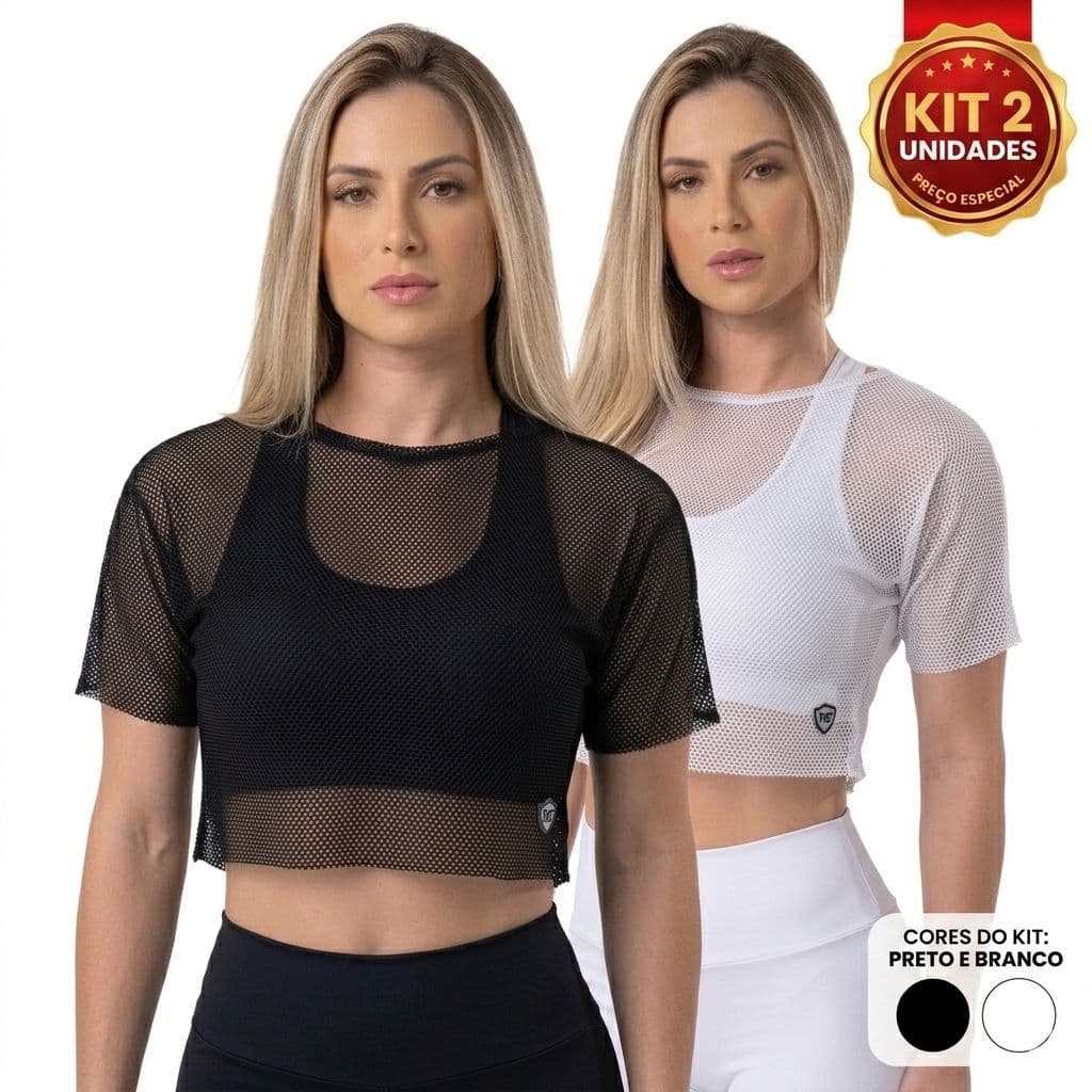 KIT 2 Cropped de Tule Fitness transparente academia Crossfit corrida blusinha de tule