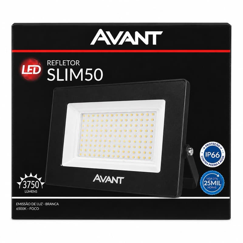 Refletor Led Slim 50w 6500k Branco Frio 110v/220v Ip65 a prova d'água Preto Cod: 259501372 Avant