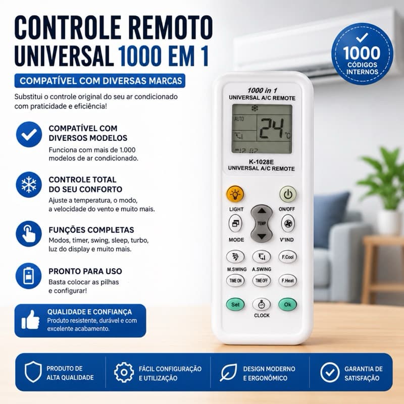 Controle Remoto Universal para Ar-Condicionado – Compatível com Diversas Marcas (Modelo 1000 em 1) 1028e