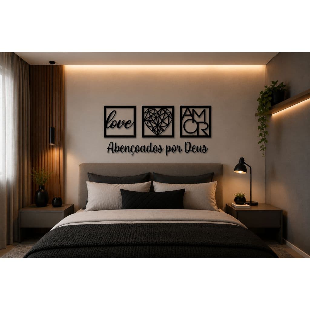 Kit 3 Quadros Decorativos Love Amor + Frase Abençoados por Deus MDF Preto