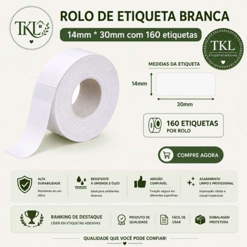 Etiqueta Térmica 14x30mm – Rolos para Mini Impressoras Térmicas Portáteis Papel adesivo branco - NIIMBOT NÃO COMPATÍVEL
