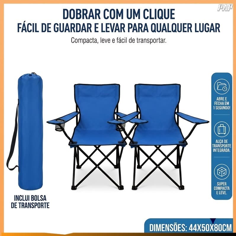 Cadeira de praia dobrável com encosto alto — leve, resistente e confortável, ideal para o verão