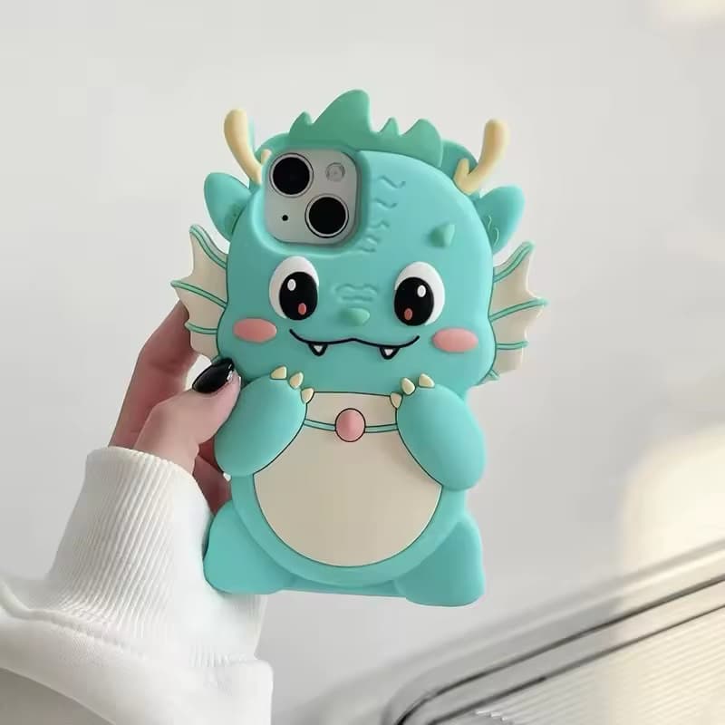 🦖💚 Capa Kawaii 3D Dinossauro Fofo para iPhone 14 Pro Max e 15 Pro Max | Silicone Macio ✨