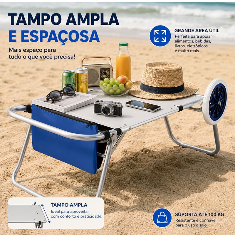 Portable Beach Cart for Transport Carrinho de Praia Vira Mesa Turns Table Folding Aluminum Blue