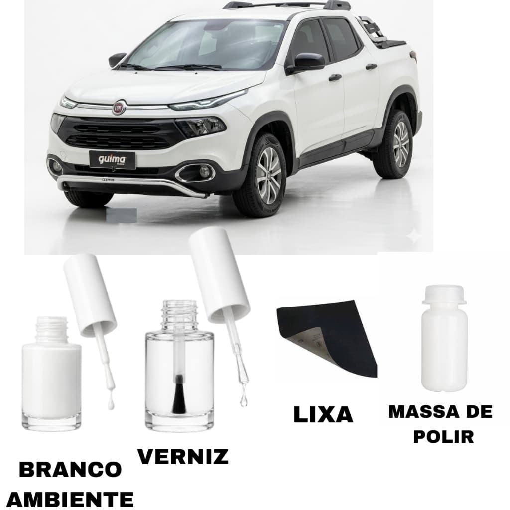 Tinta Tira Risco Automotiva Fiat Toro Branco Ambiente + Verniz + Lixa + Massa de Polir