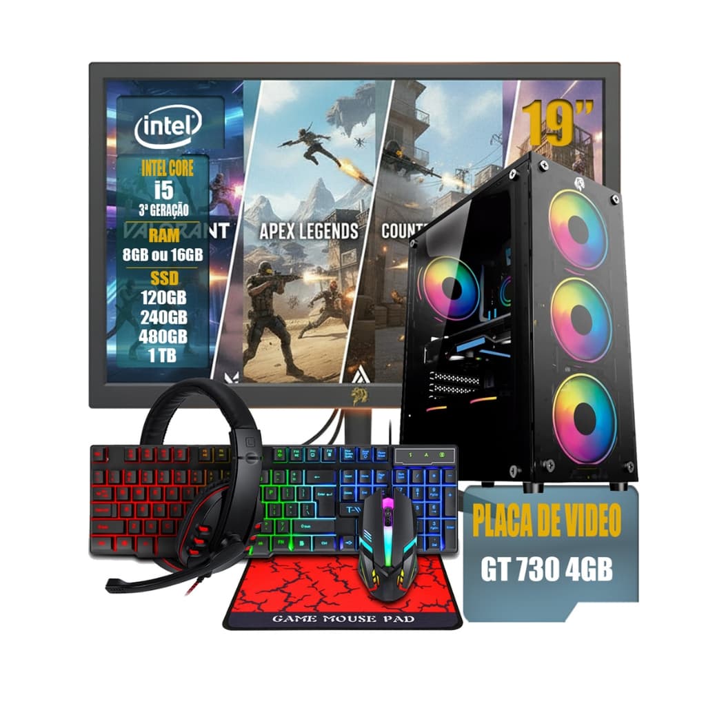 PC Gamer Completo Intel Core i5 3ª Ger + GT 730 4GB + Monitor 19" + Kit Gamer RGB SSD 8GB/16GB RAM