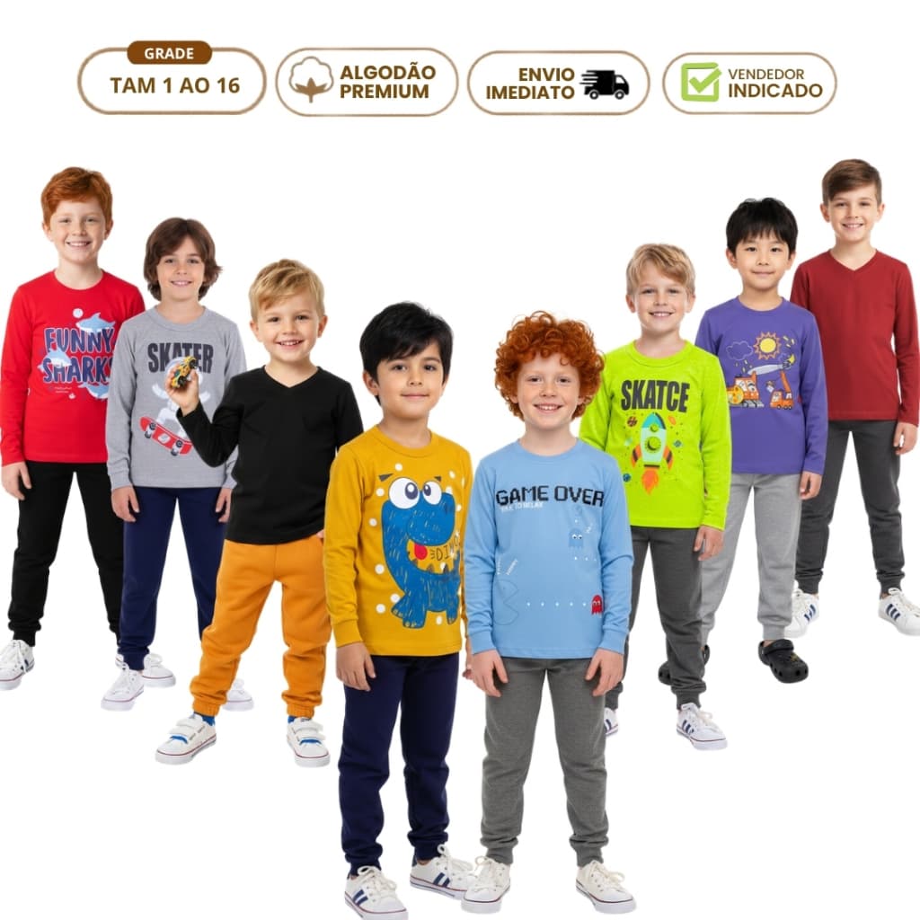 Kit 4 Peças Conjunto Infantil Menino Inverno 2 Camiseta Manga 2 Calça de Moletom Masculina 1 ao 16 anos