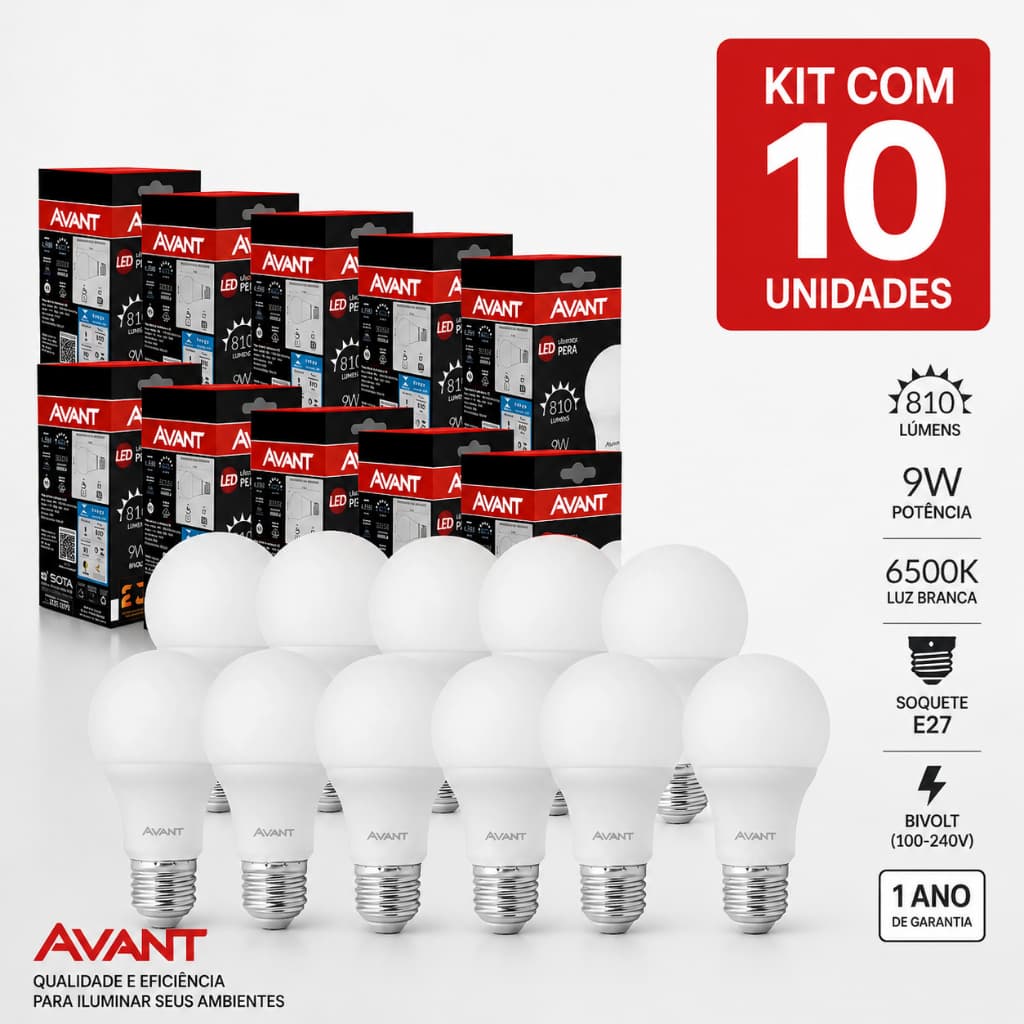 Kit 10 Lâmpadas LED Avant 9W E27 6500K Luz Branca Fria Bivolt Alta Economia