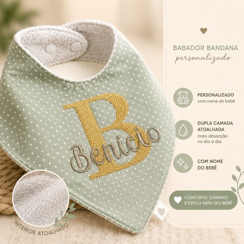 Babador Bandana Personalizado com Nome Bebê Atoalhado Ajustável