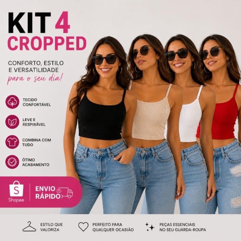 KIT 4 Blusa Cropped Top alcinha canelado Premium casual academia Tam P M G