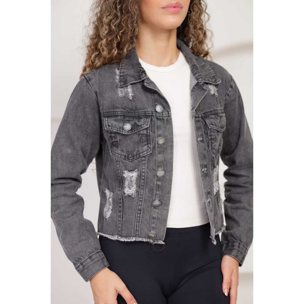 Jaqueta Feminina Grafite com Botões e Barra Desfiada – Estilo Urbano com Toque Moderno e Fashionista