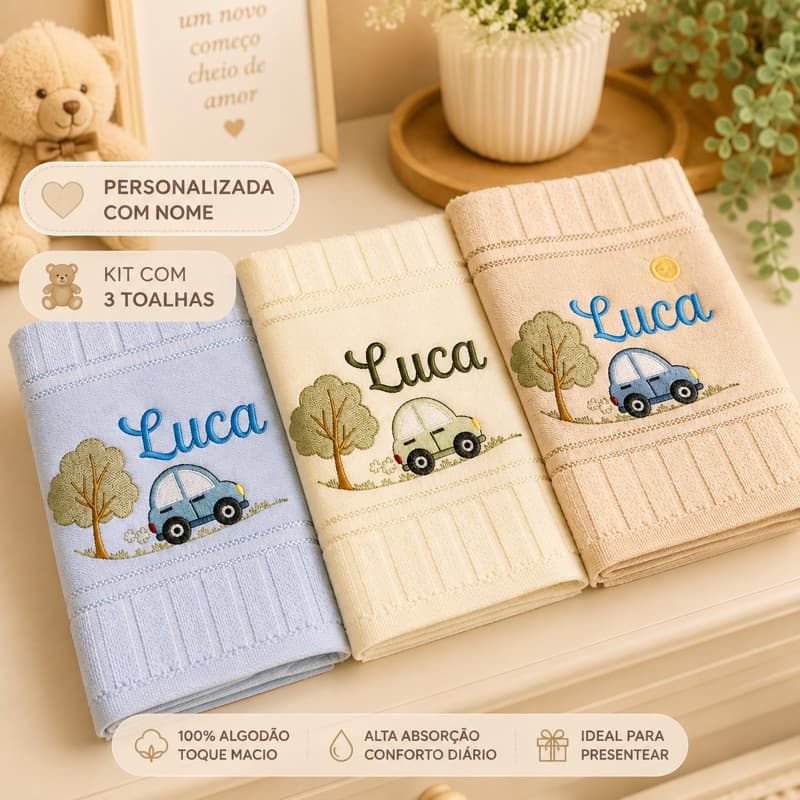 Kit com 3 toalhas de boca carrinhos com NOME