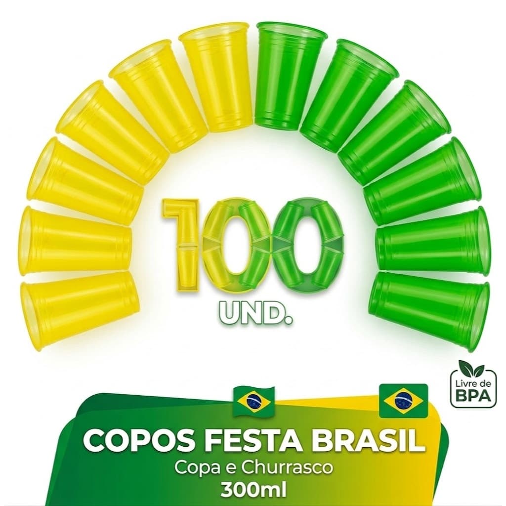 Kit 100 Copos Descartáveis Copa Do Mundo Verde E Amarelo