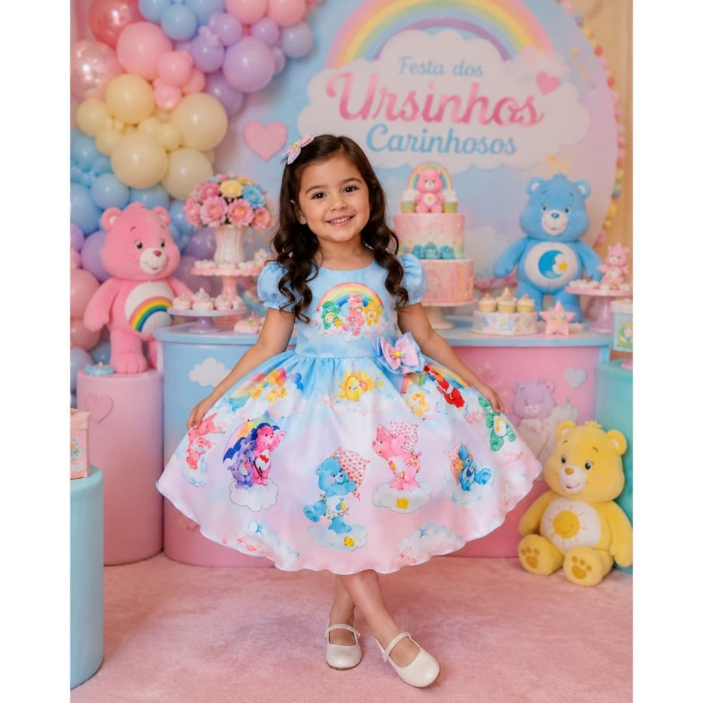 Vestido Ursinhos Carinhosos Festa Aniversário Azul Arco-Íris de 1 a 4 anos + Laço de Cabelo