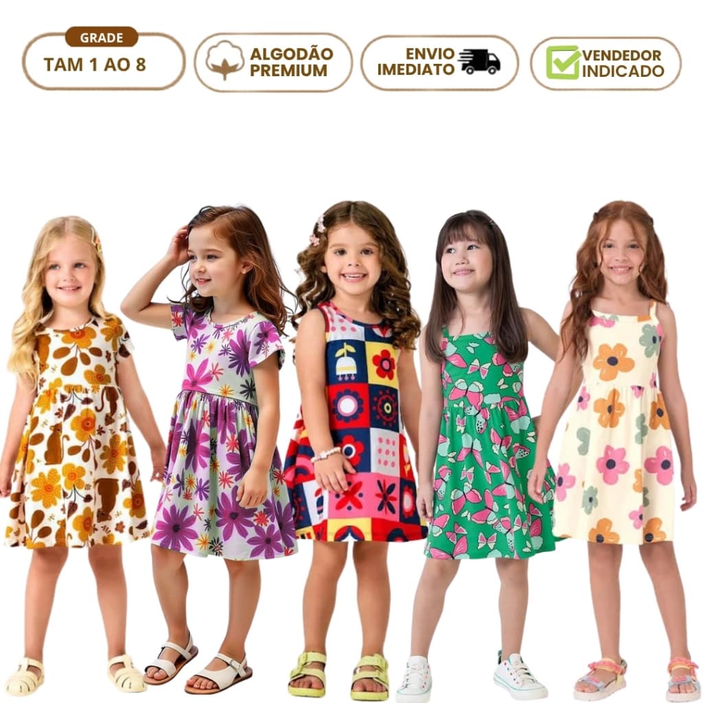 Kit 3 Vestido Infantil Feminino Verão Algodão  Roupa de Menina Moda Casual no Tamanho do 1 ao 8 anos