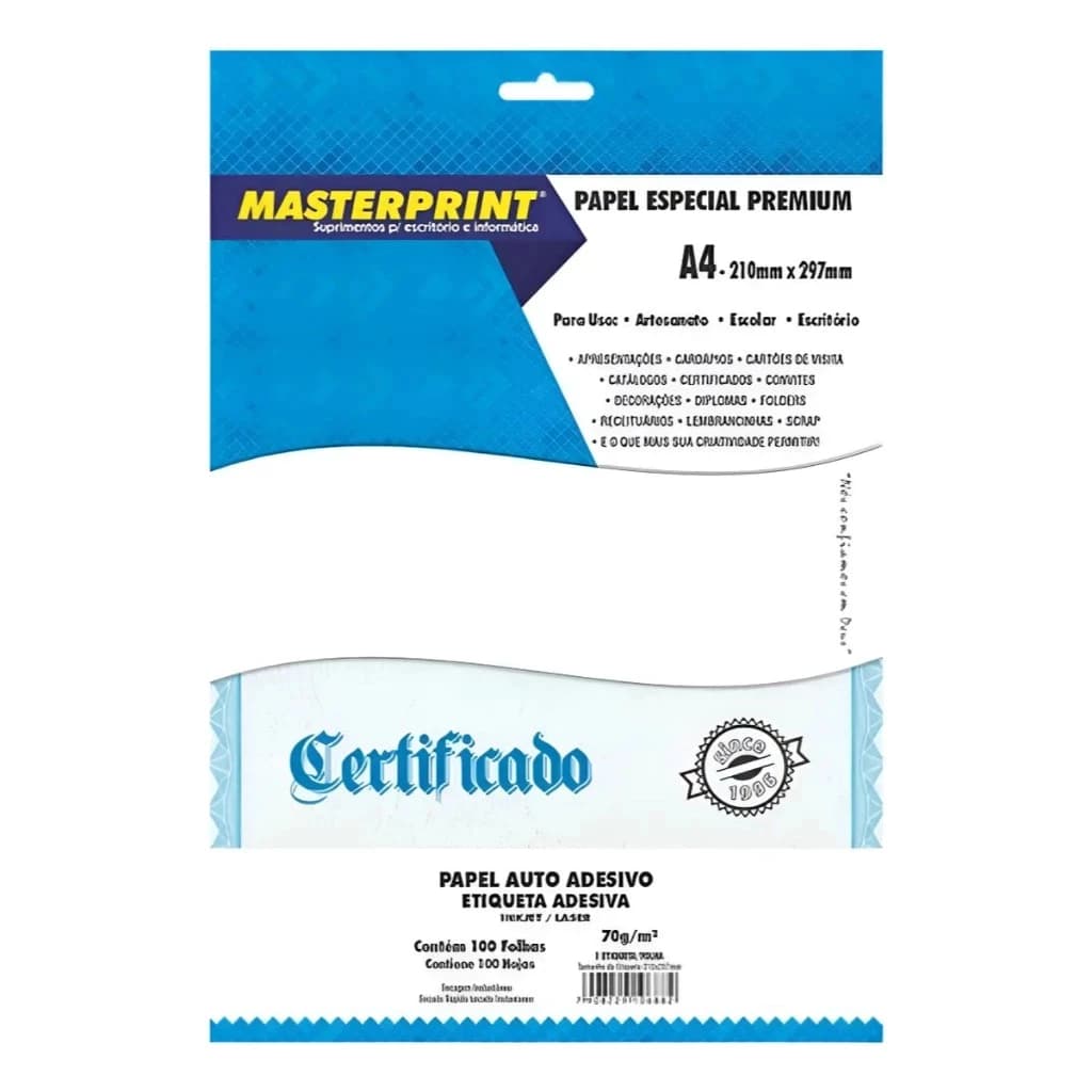 Papel Auto Adesivo 70g Etiqueta Adesiva A4 100 folhas Secagem Rápida Masterprint