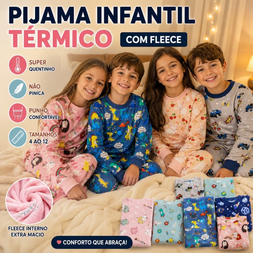 Pijama Infantil Térmico Com Fleece Menino Menina Quentinho Tam 4 ao 10/12 Inverno