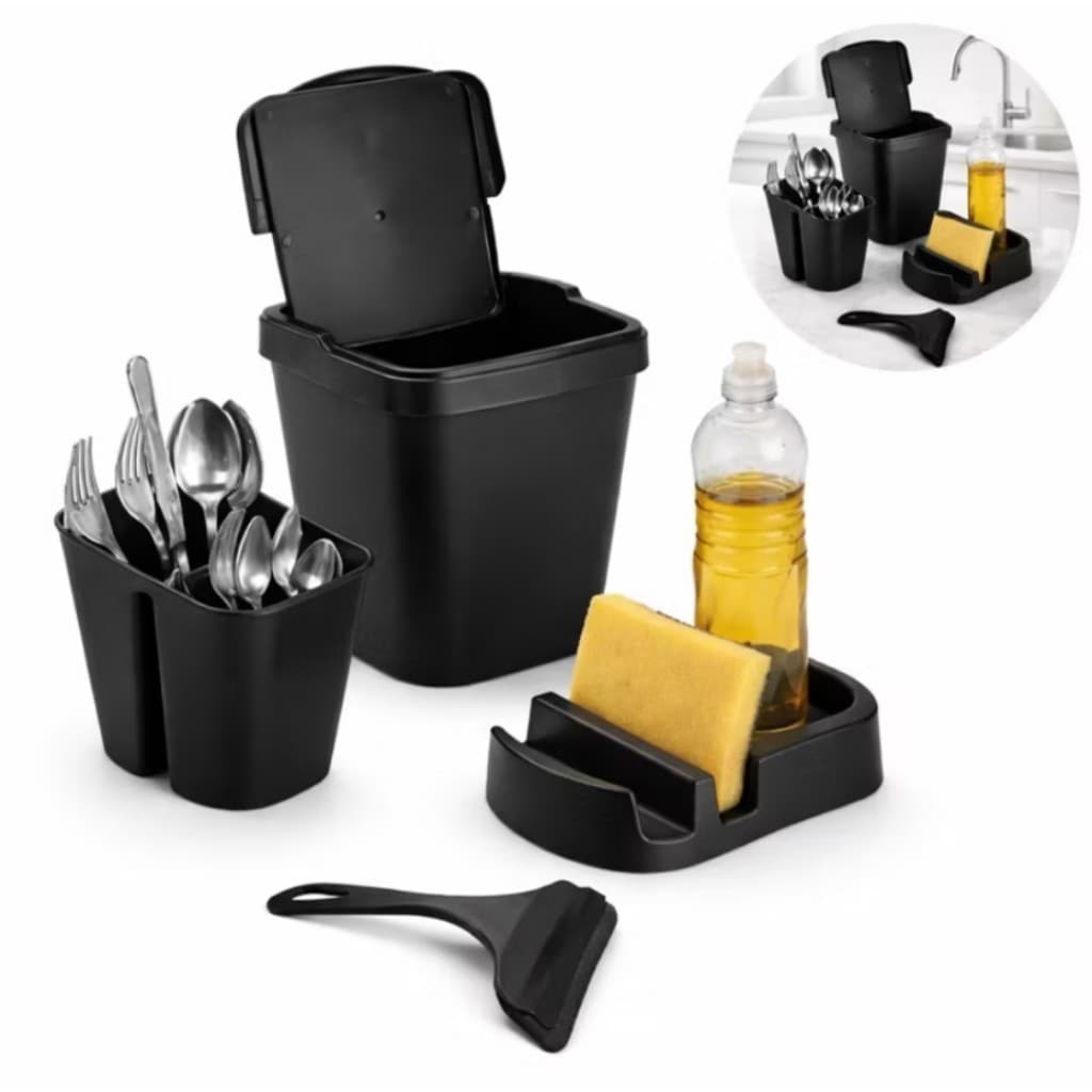 Kit Pia com 4 Peças Cozinha Eleegance Multiuso Lixeira Rodo de Pia Porta Detergente Porta Talher