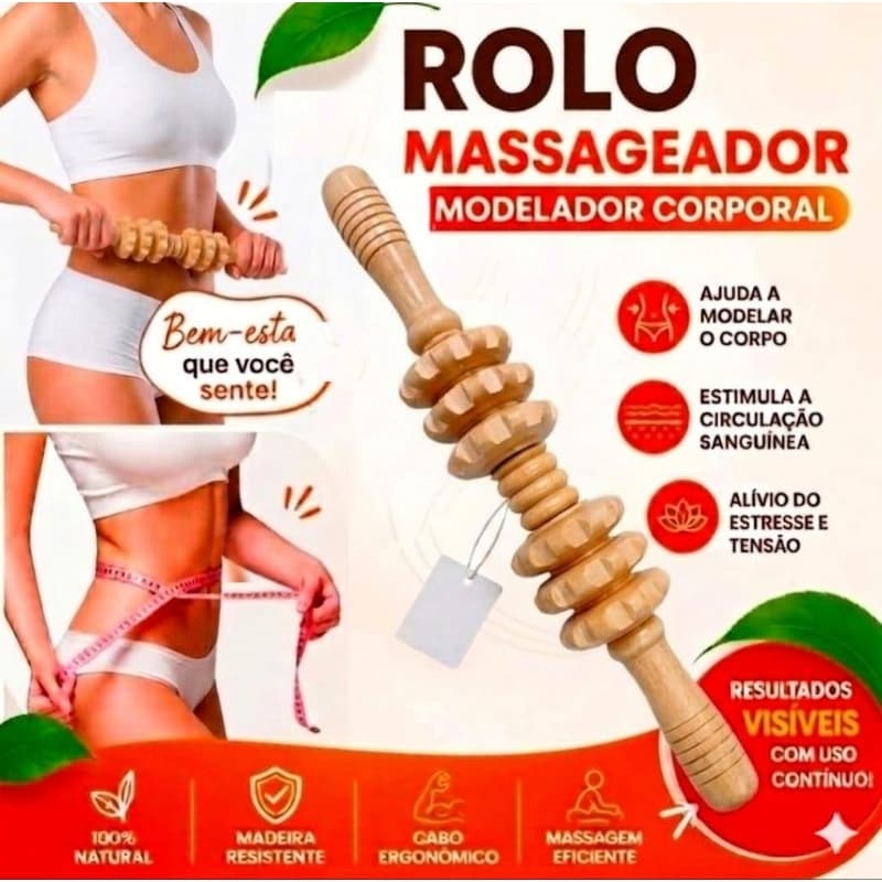 Massageador Carrinho/Bastão Manual Rolo Madeira Relaxante Muscular Modelador Corporal Ajuda Com Celulite Circulação.