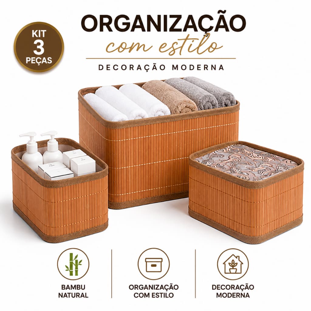 Kit 3 Cestos Organizadores Bambu Multiuso Decorativo