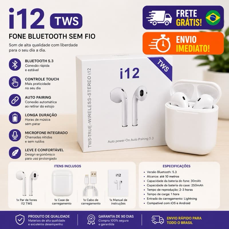 Fone i12 TWS Bloethoth 5.0 compátivel com IOS,Android Auto Pareamento
