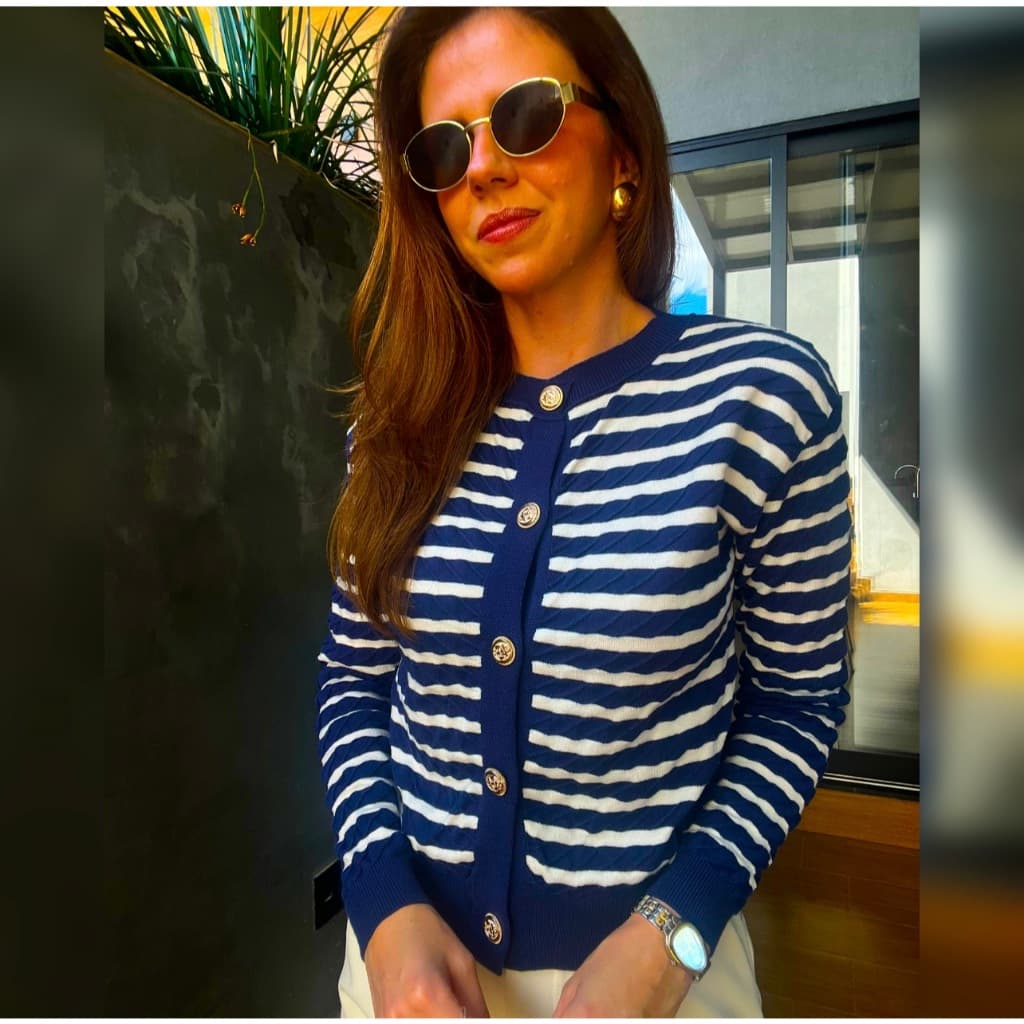 Cardigan Tricot Listrado Feminino Modal com Botões Elegante Clássico