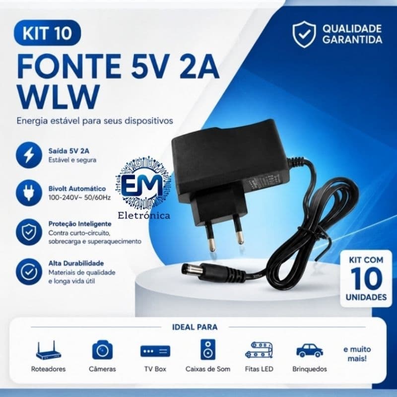 Fonte de alimentação bivolt automática 5V DC / 2A com conector padrão 5.5x2.1mm,