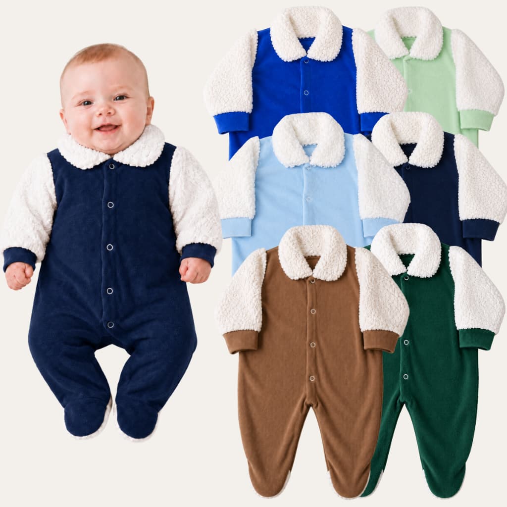 Kit 2 Macacão Plush Com Pele de Carneiro Para Bebê Inverno Menino