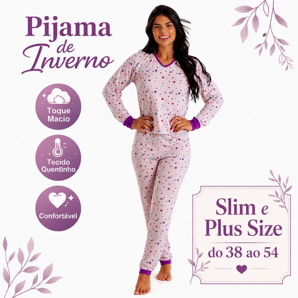 Pìjama Feminino Inverno Manga Longa Quentinho C/ Punho