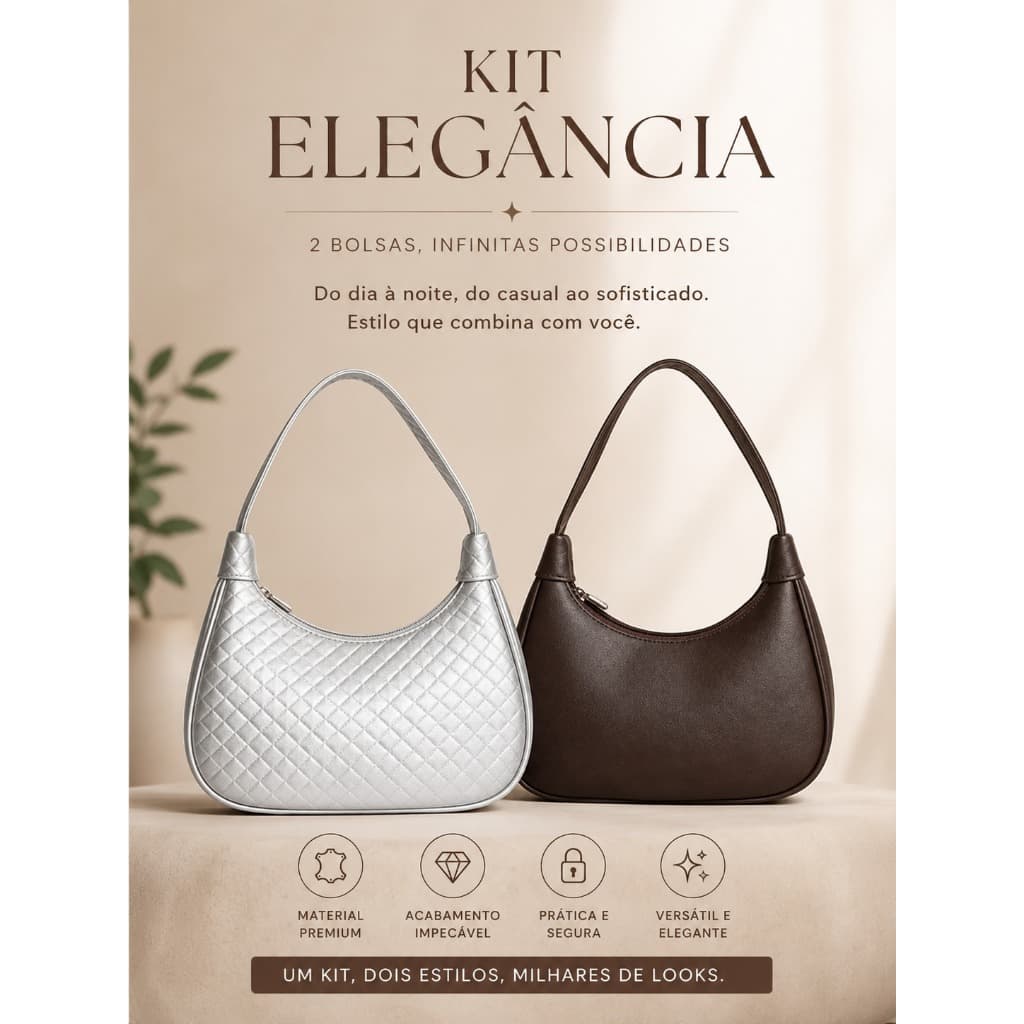 Kit 2 Bolsas Meia Lua Feminina Delicada Pequena (Tons Marrom/Prata) – Elegância e Estilo em Dobro Garanta Ja o Seu!