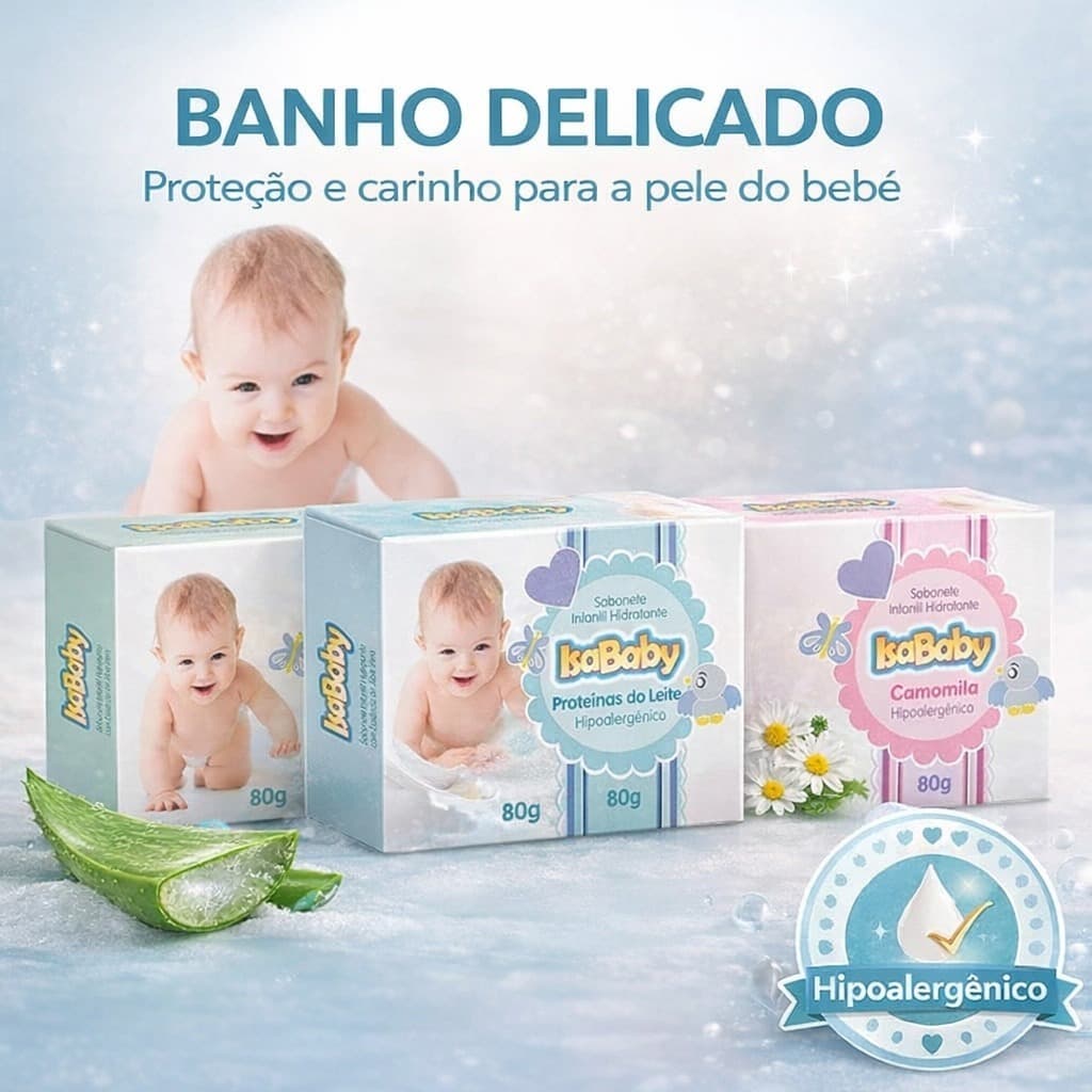 12 unidades Sabonete Barra Infantil Hidratantante  IsaBaby pele Sensível Aloe Vera, Camomila , Proteína leite, Lavanda