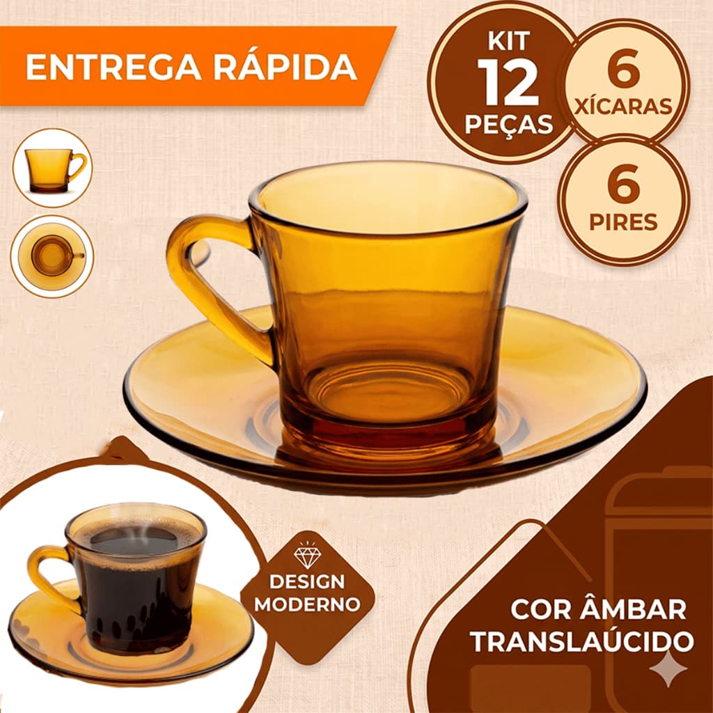 kit Jogo conjunto 12 peças  xicaras e pires âmbar : sendo  6 Xicaras 200ml 6 Pires Serve Café e Chá