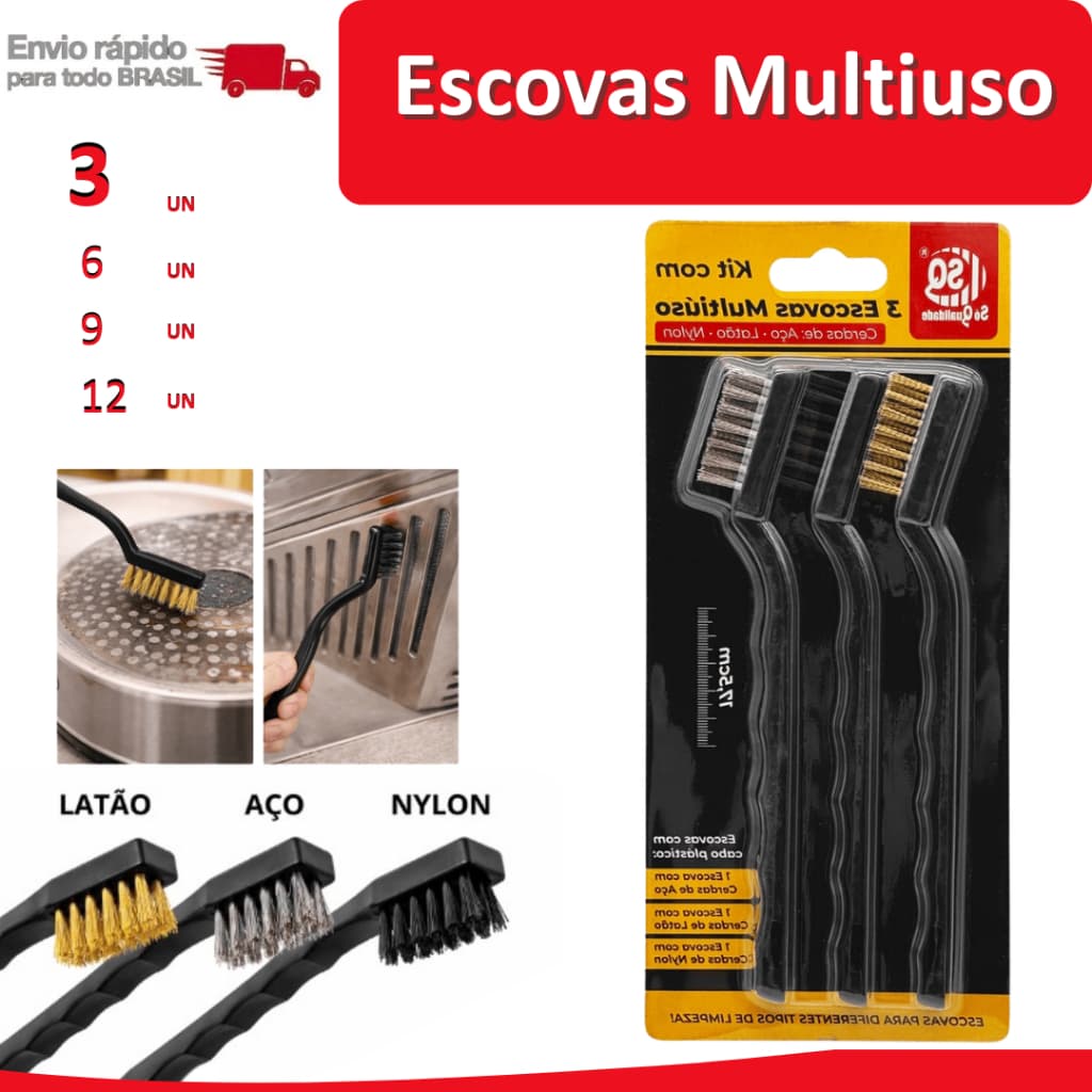 12/9/6/3 Escovas Multiuso Limpeza Fogão Grelha Rejunte Piso Nylon Aço Latão Sujeira Pesada