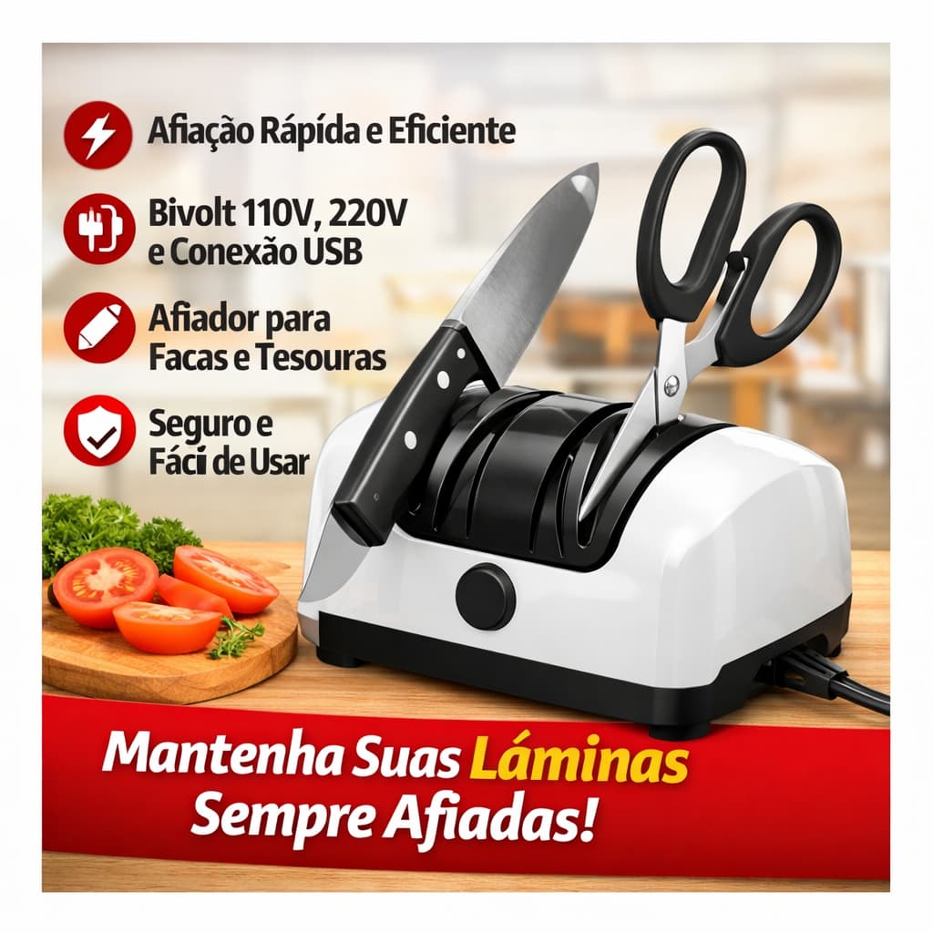Amolador Afiador Elétrico de Facas e Tesouras Bivolt USB – Profissional Globalmix