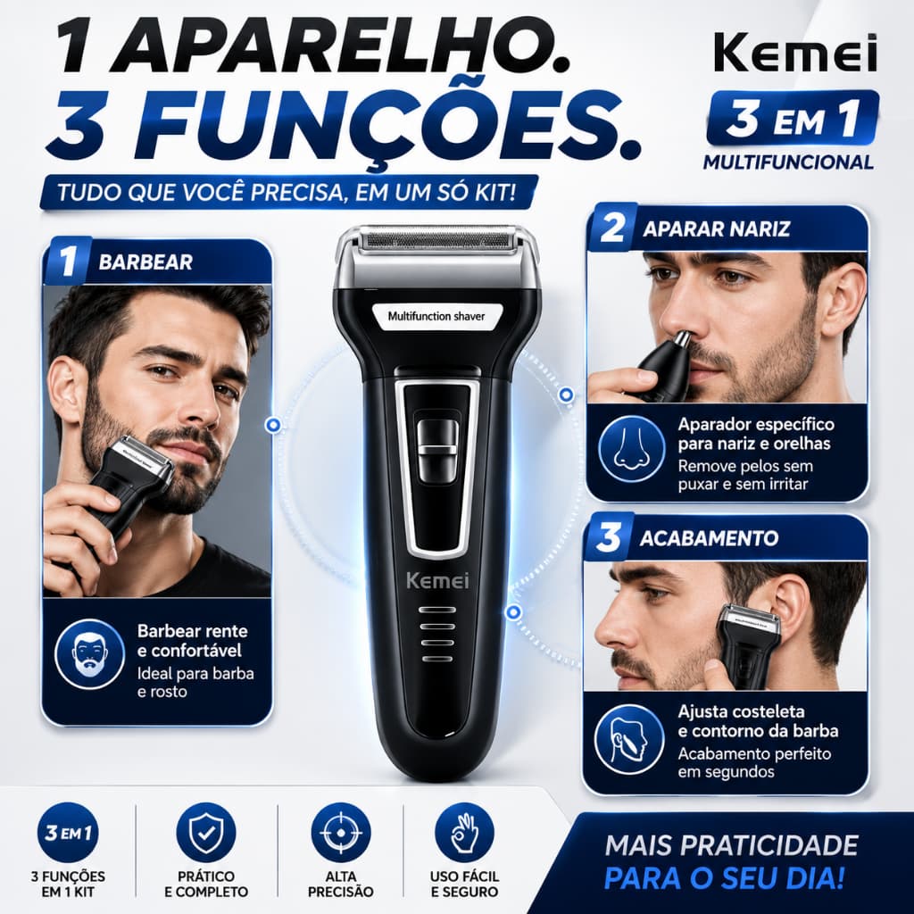 Barbeador Depilador Kemei 3 em 1 Profissional Masculino Aparador de Barba, Cabelo Nariz e Orelha