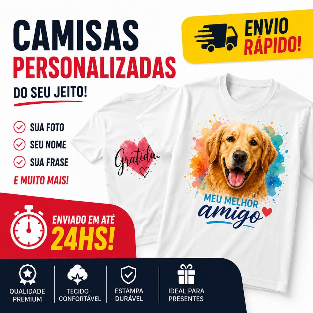 Camisa Personalizada COM SUA LOGO, FOTO NOME OU FRASE  Envio Rápido 24h | Presente Dia dos Namorados